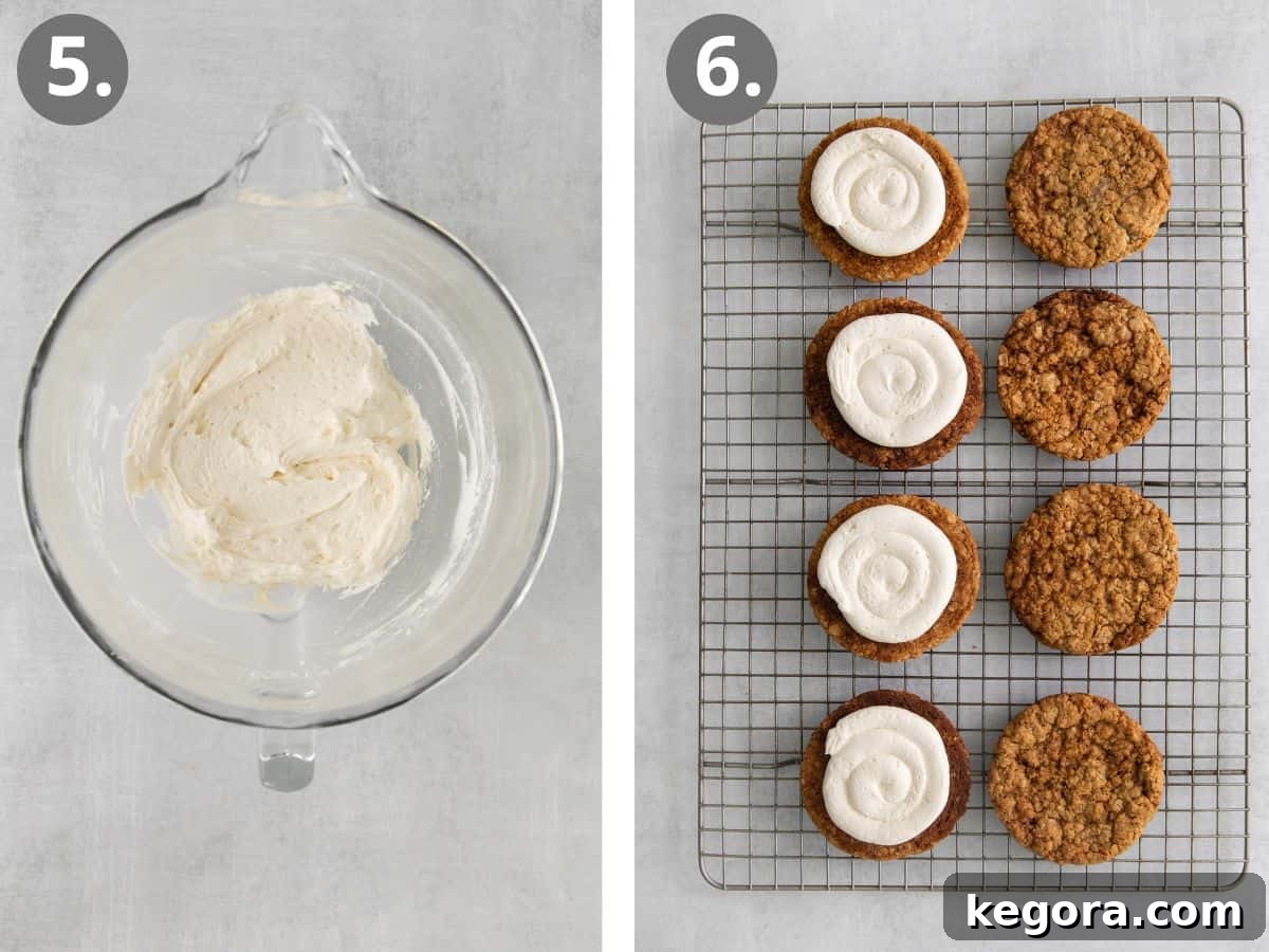 Oatmeal cream pie filling in a glass bowl, and oatmeal pies with frosting on one side