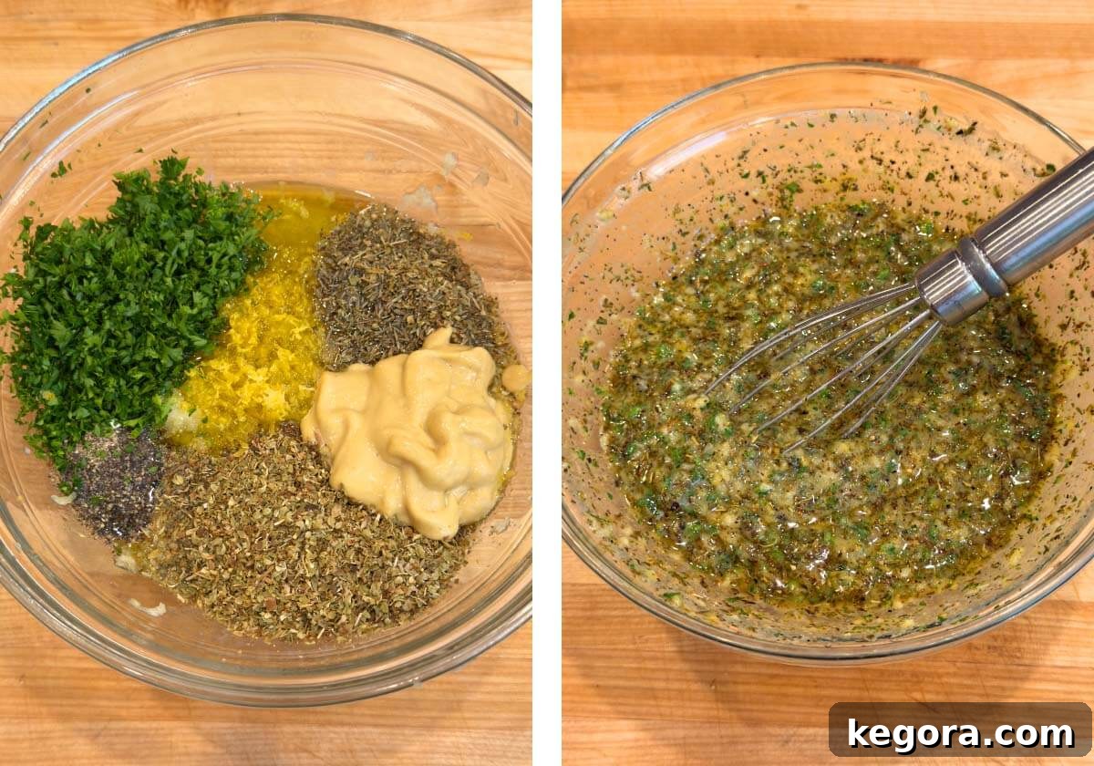 Zesty Greek Chicken Thighs 5 Ingredients for the marinade (herbs, olive oil, mustard) in a small bowl, whisked together.