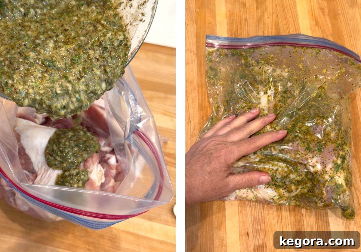 Zesty Greek Chicken Thighs 6 Pouring the lemon-herb marinade over chicken thighs in a sealed plastic bag, then massaging to coat.