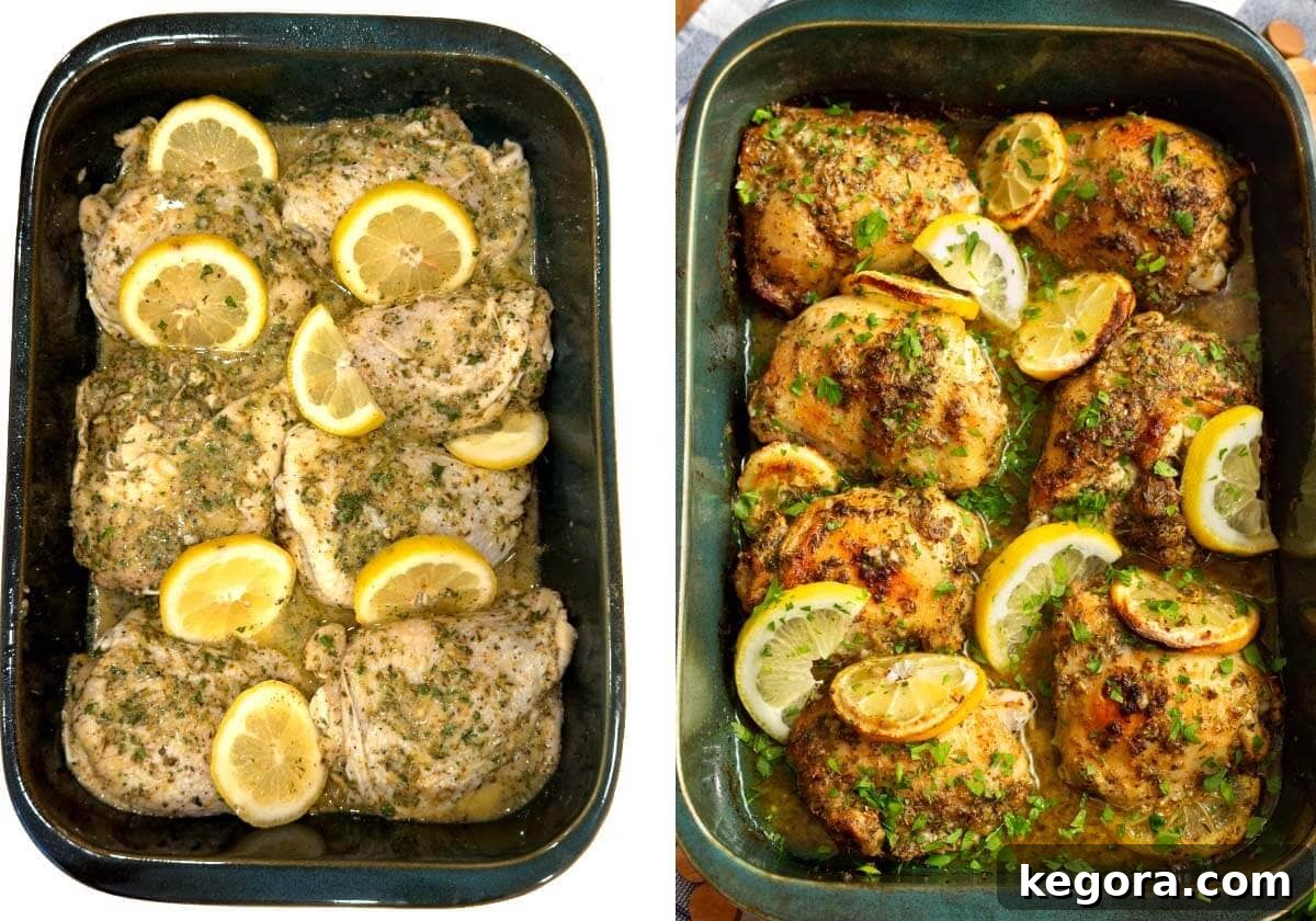 Zesty Greek Chicken Thighs 7 Side-by-side comparison of unbaked marinated chicken thighs in a baking dish and the same dish after baking until golden brown.