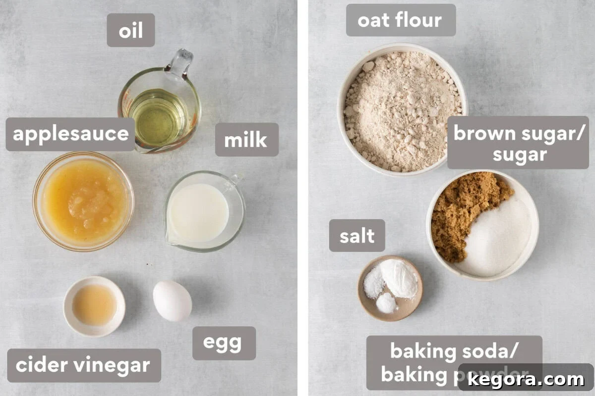 Wholesome Oat Muffins Infinite Variations 4 Various oat flour muffin ingredients laid out on a kitchen countertop, including flour, milk, and applesauce.