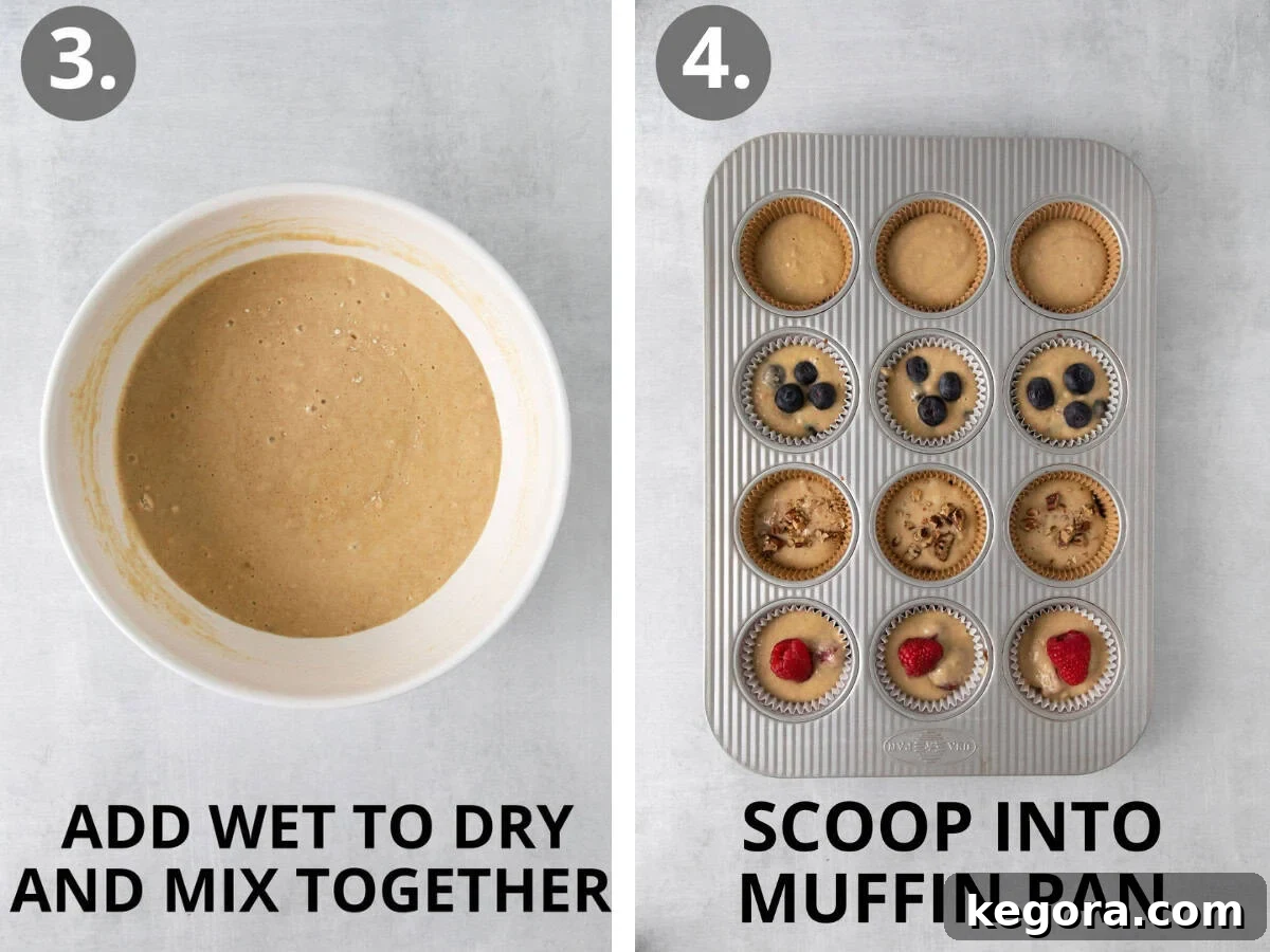 Wholesome Oat Muffins Infinite Variations 6 Oat flour muffin batter in a mixing bowl, then scooped into a muffin tin with paper liners.