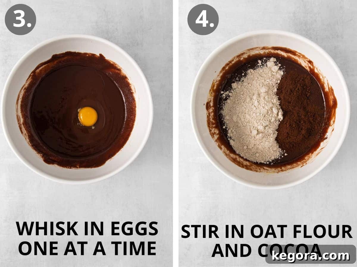 Egg being whisked into the brownie batter, followed by oat flour and cocoa powder being stirred into a bowl for gluten-free baking