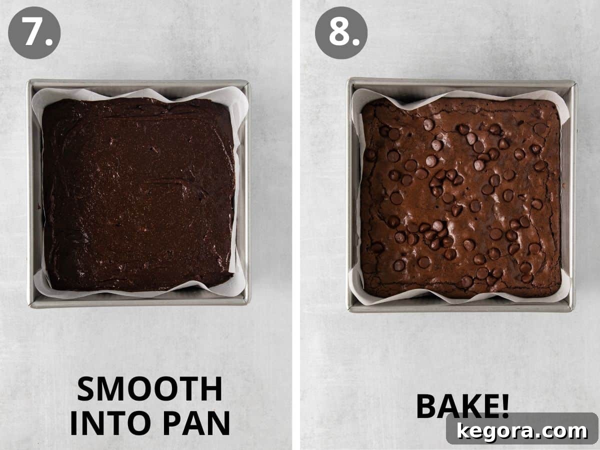 Brownie batter smoothed into a prepared baking pan before going into the oven, and the perfectly baked oat flour brownies in the pan