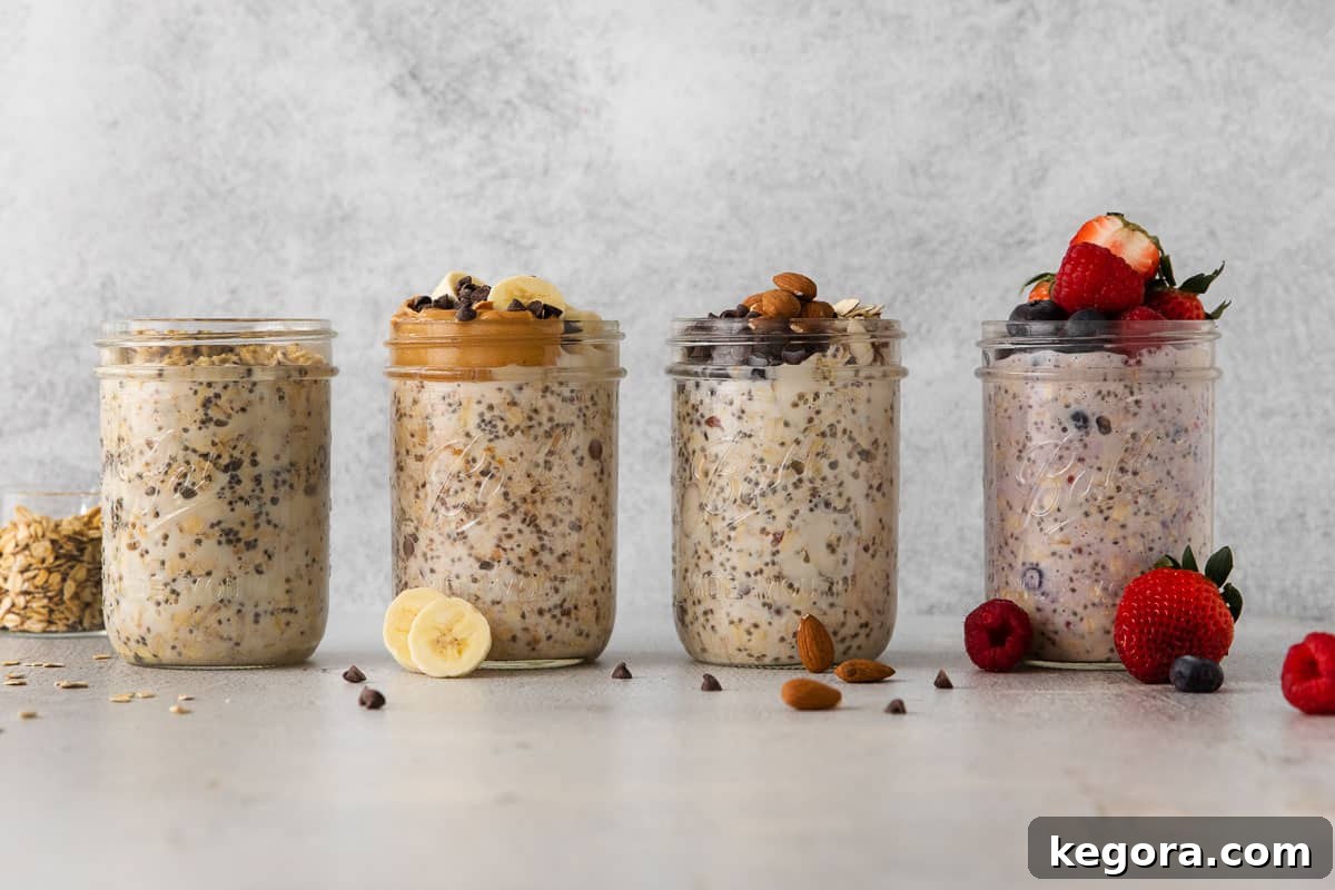 Four types of gluten-free overnight oats in Mason jars on a counter top, showcasing different toppings and flavors.