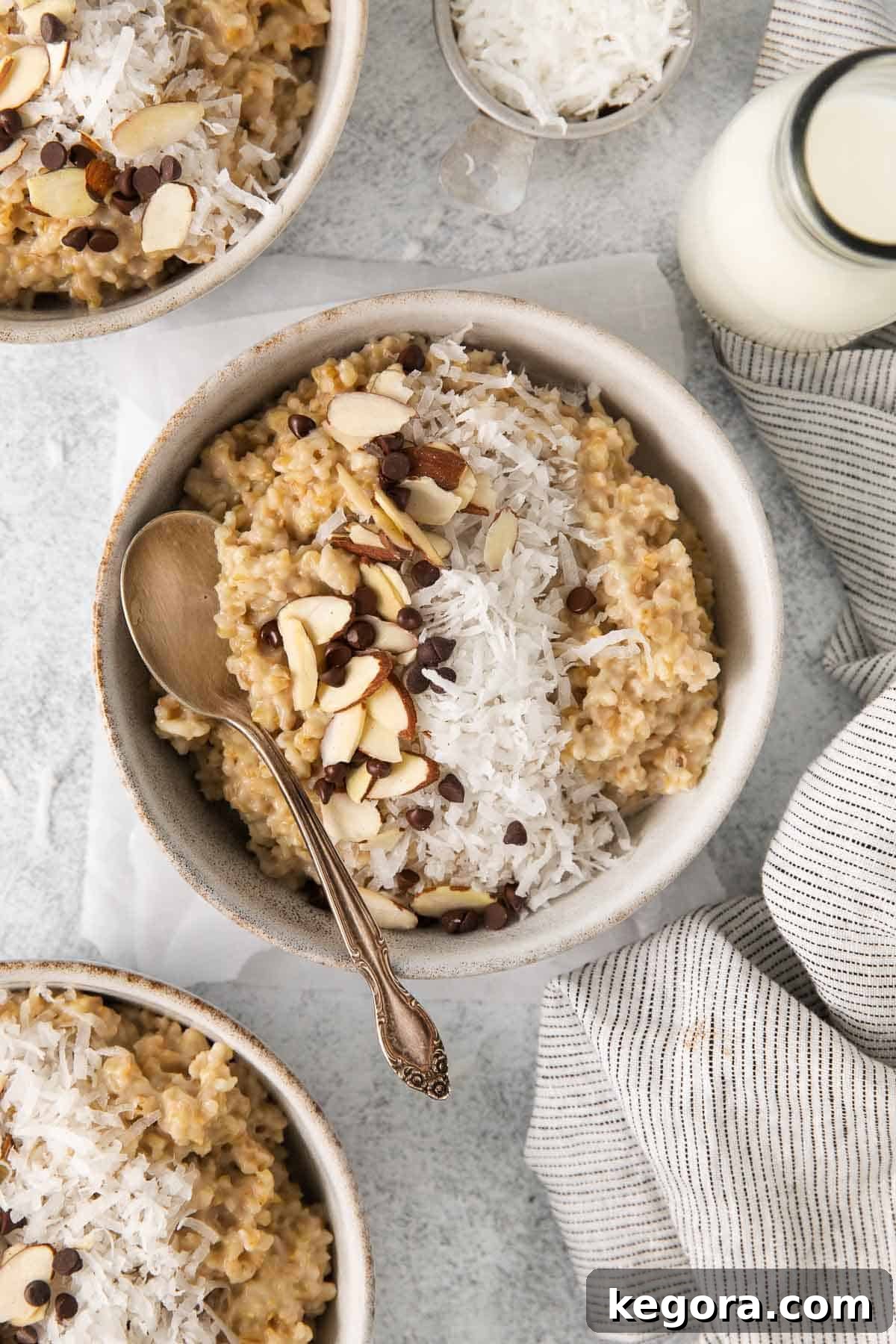 Wholesome Gluten-Free Steel Cut Oats 2 An overhead view of steel cut oats in a bowl, garnished with fresh berries and nuts, highlighting a healthy and delicious breakfast option.