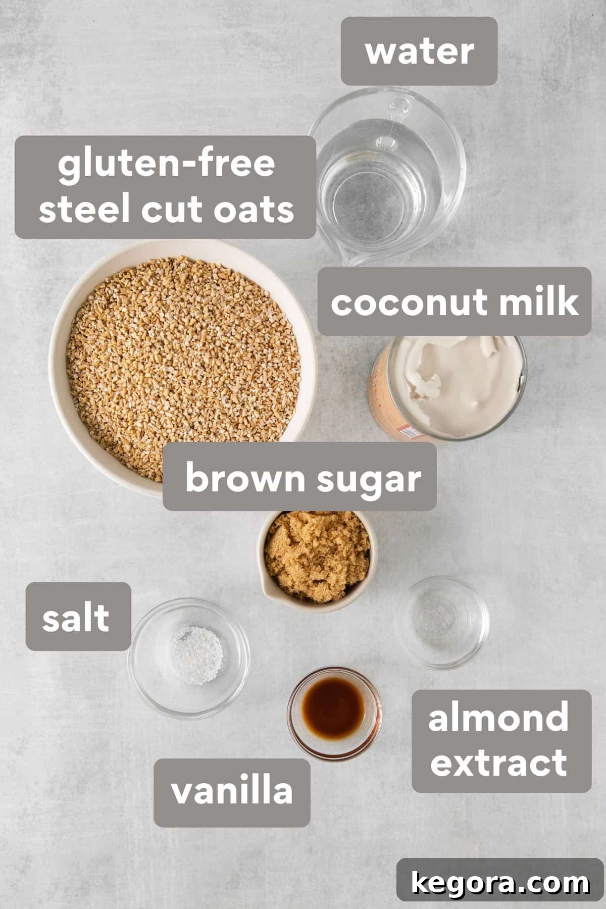 Wholesome Gluten-Free Steel Cut Oats 5 A curated display of all the necessary ingredients for steel cut oats, arranged neatly on a countertop, ready for cooking.