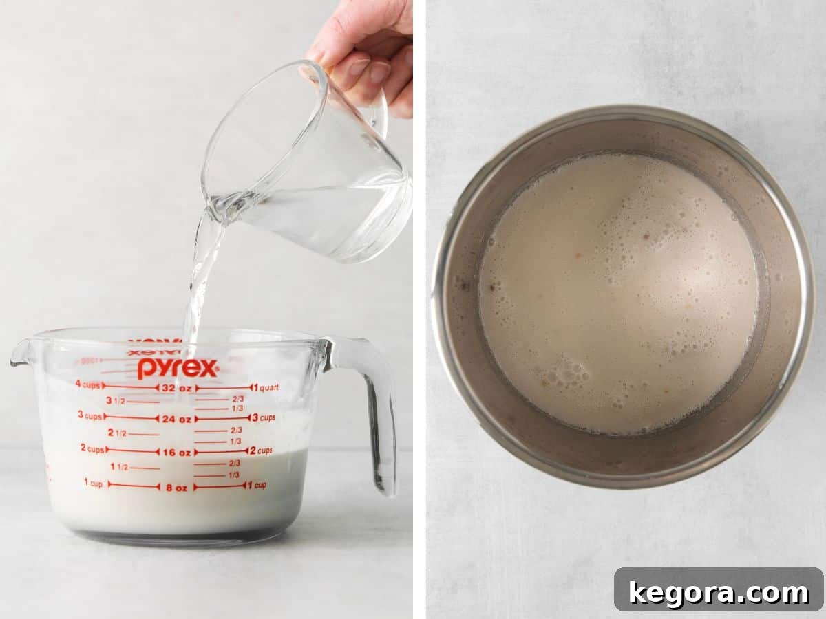 Wholesome Gluten-Free Steel Cut Oats 6 A hand carefully pouring water into a measuring cup, alongside a saucepan with water, illustrating the precision needed for liquid measurements.