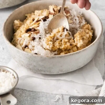 Wholesome Gluten-Free Steel Cut Oats 10 A bowl of steel cut oats beautifully topped with shredded coconut, chopped almonds, and mini chocolate chips, with a spoon ready to dive in.