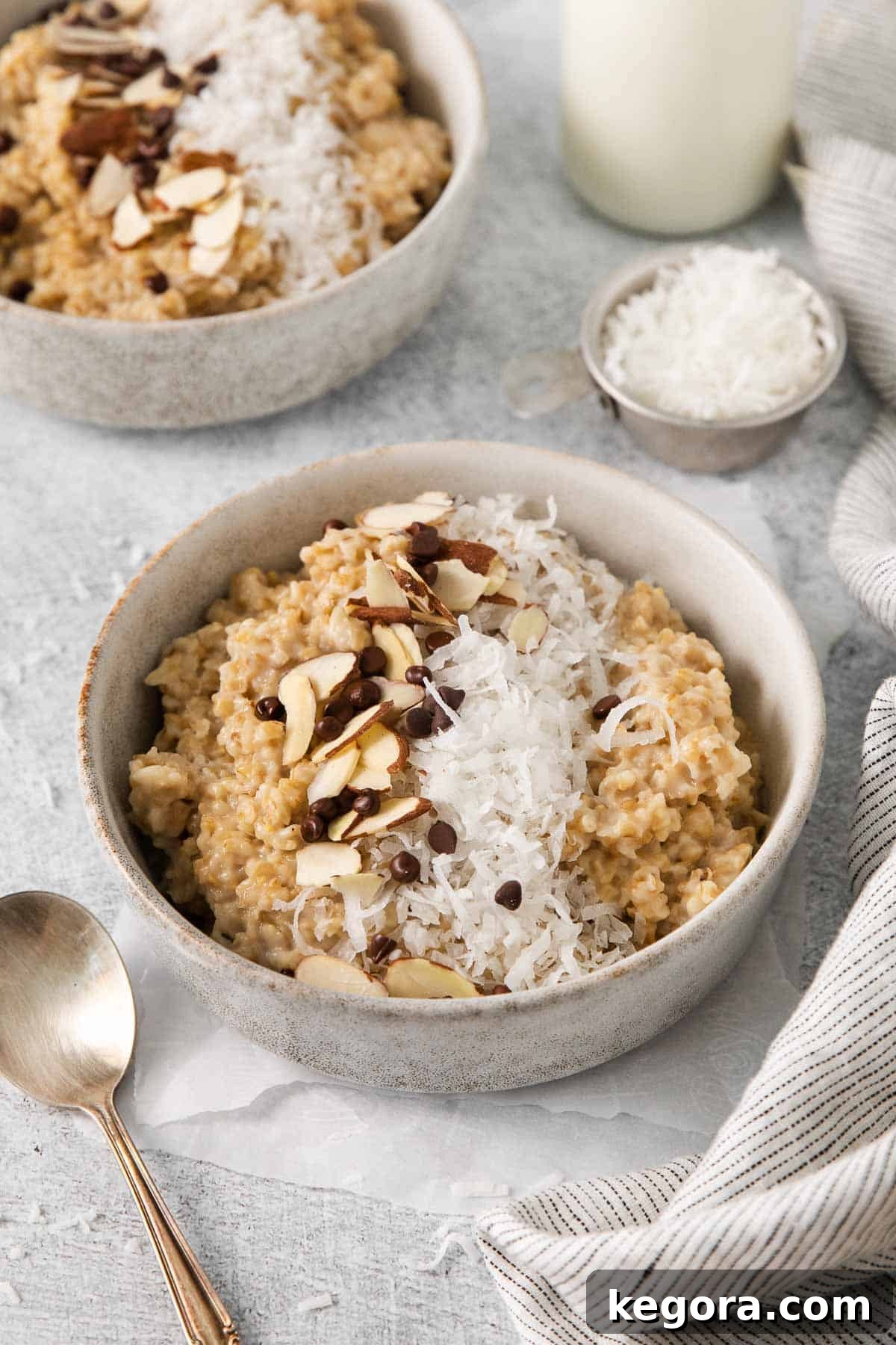 Wholesome Gluten-Free Steel Cut Oats 4 A delightful bowl of creamy steel cut oats generously topped with shredded coconut and mini chocolate chips, ready for a delicious breakfast.