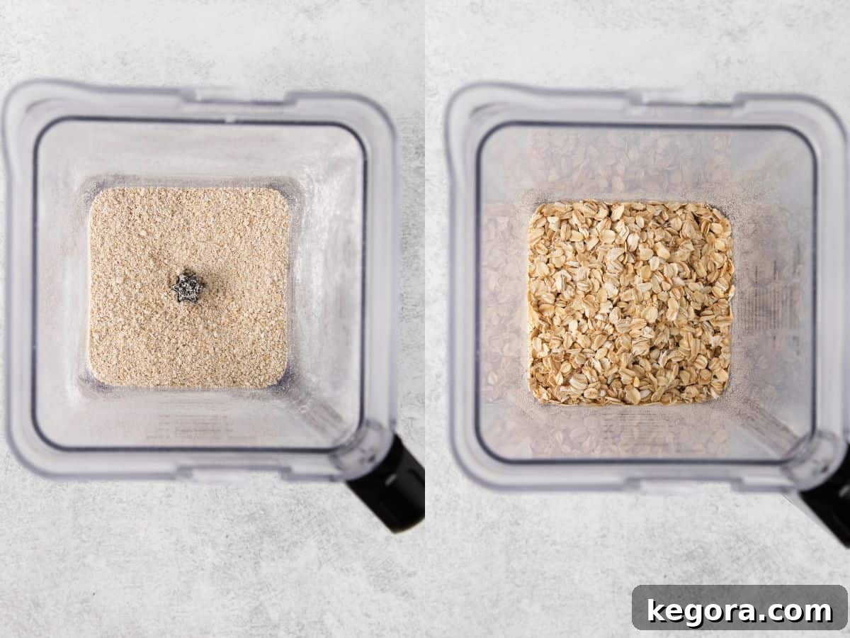 An overhead view of oats in a blender, and blended oats in the blender