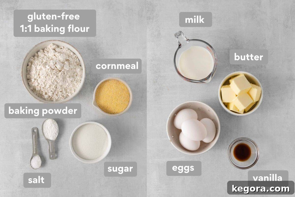 The Ultimate Gluten-Free Cornbread 4 gluten-free cornbread ingredients measured and labeled on a kitchen counter.