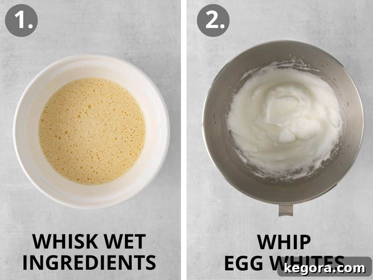The Ultimate Gluten-Free Cornbread 5 Wet ingredients in a bowl, and egg whites whipped to stiff peaks in a separate bowl, ready to be combined for gluten-free cornbread.