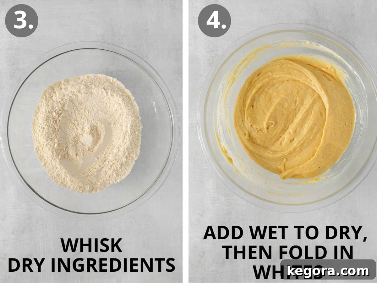 The Ultimate Gluten-Free Cornbread 6 Dry ingredients in a bowl, and wet ingredients whisked into them, forming a batter for gluten-free cornbread.
