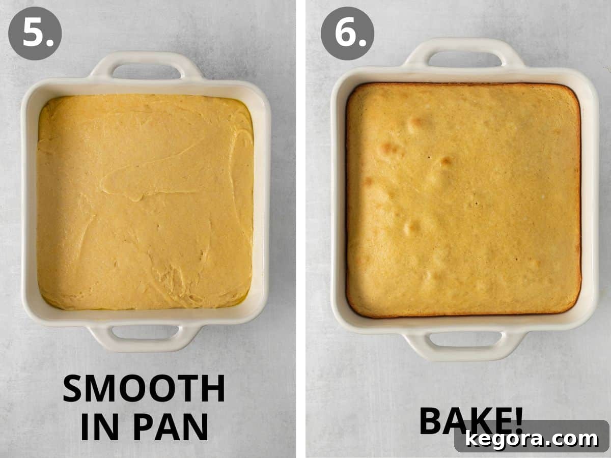 The Ultimate Gluten-Free Cornbread 7 Gluten-free cornbread batter smoothed into a baking dish, and a golden baked cornbread, sliced and ready to serve.