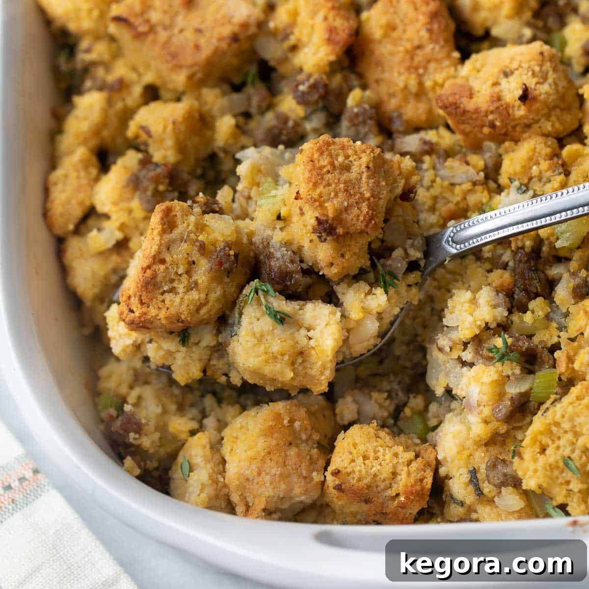 Is Your Cornbread Really Gluten-Free? 4 close up shot of scoop of gluten free cornbread stuffing on spoon