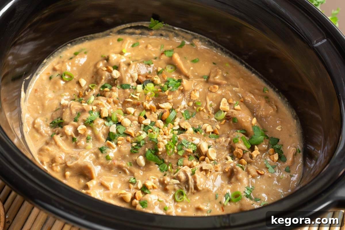 Crockpot Thai Peanut Chicken garnished and ready