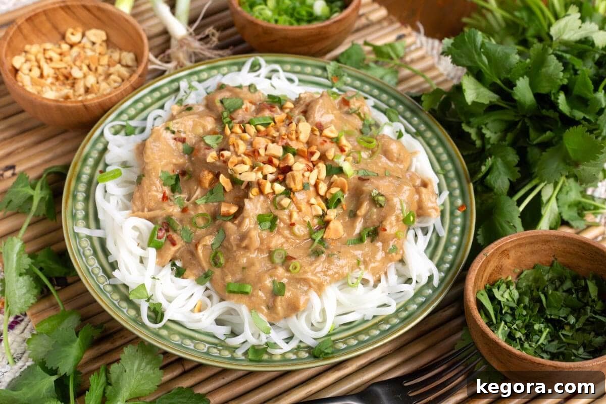 Crockpot Thai Peanut Chicken in a bowl with garnishes