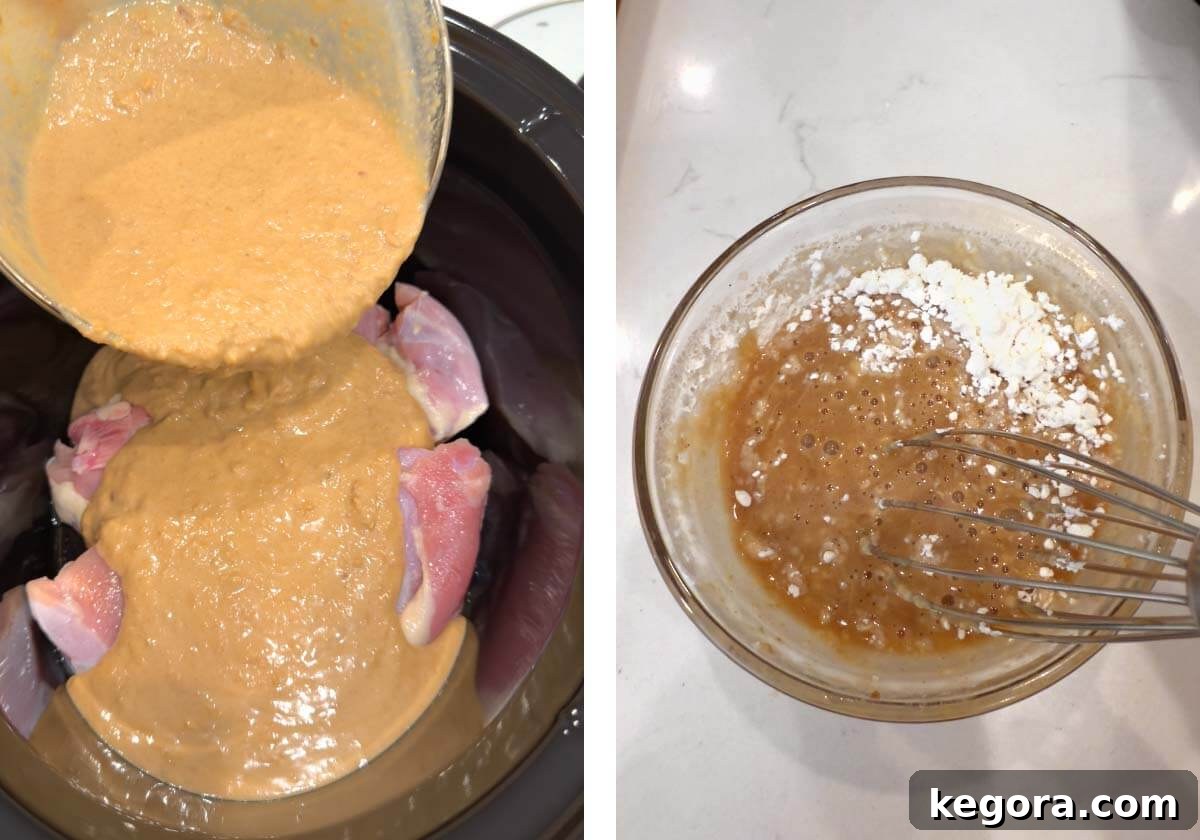 Pouring peanut sauce over chicken in slow cooker, and whisking cornstarch slurry