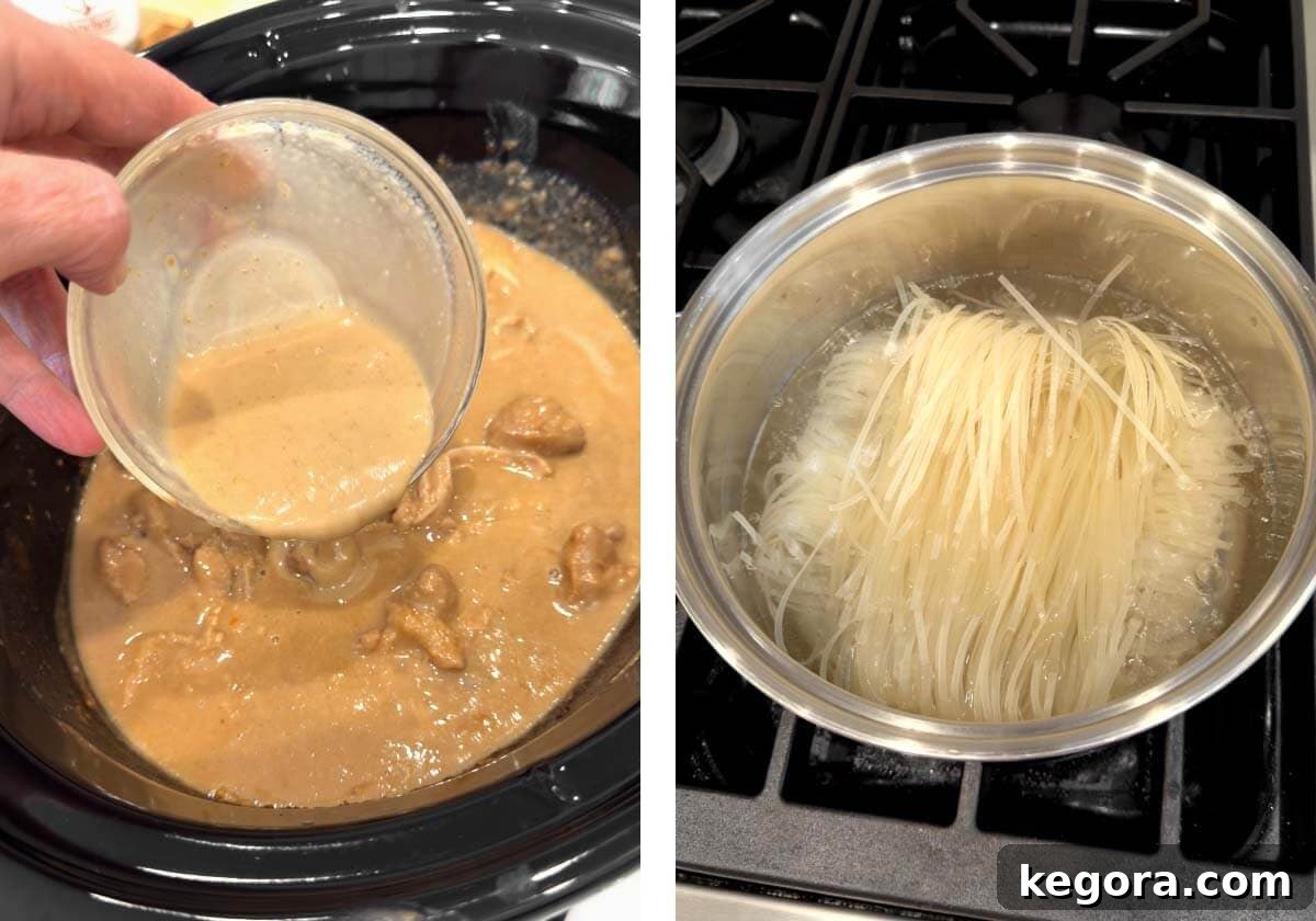 Adding corn starch slurry to peanut sauce, and boiling rice noodles