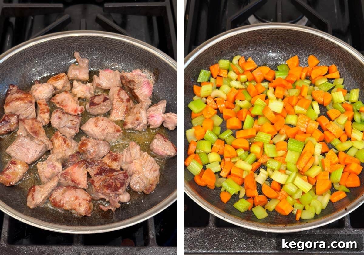 Wholesome Slow Cooker Beef and Garden Vegetable Soup 5 Collage of browning beef in a skillet and sautéing vegetables