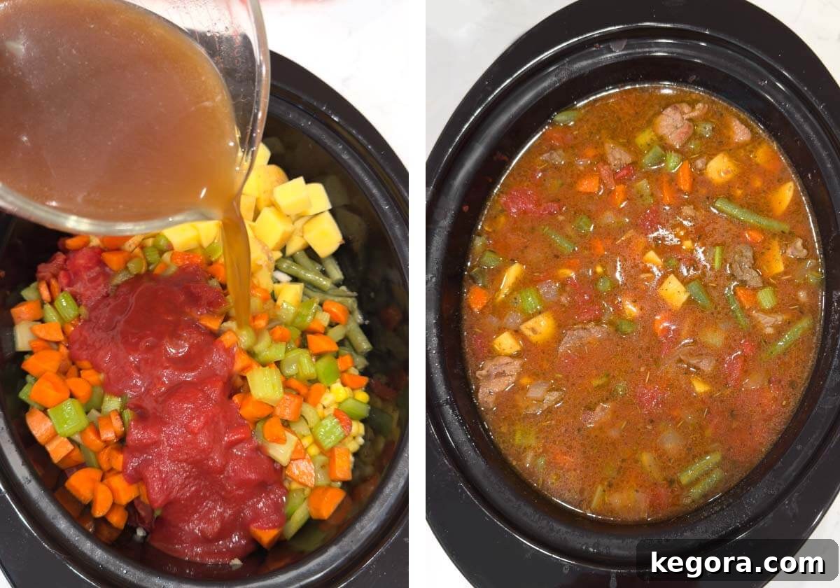 Wholesome Slow Cooker Beef and Garden Vegetable Soup 6 Pouring beef broth into a crockpot filled with meat and vegetables