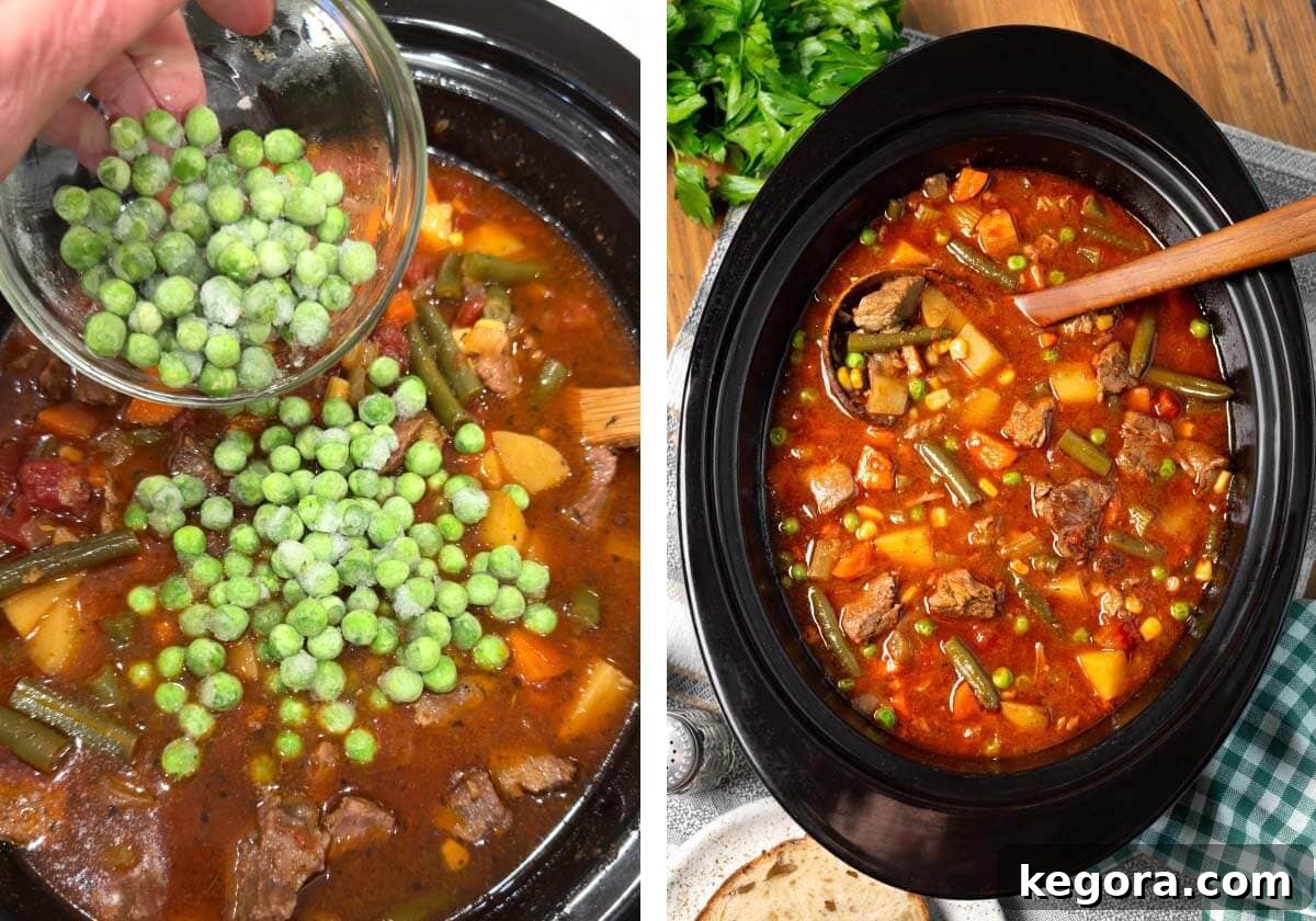 Wholesome Slow Cooker Beef and Garden Vegetable Soup 7 Adding frozen peas to the cooked soup and a final close-up of the finished soup