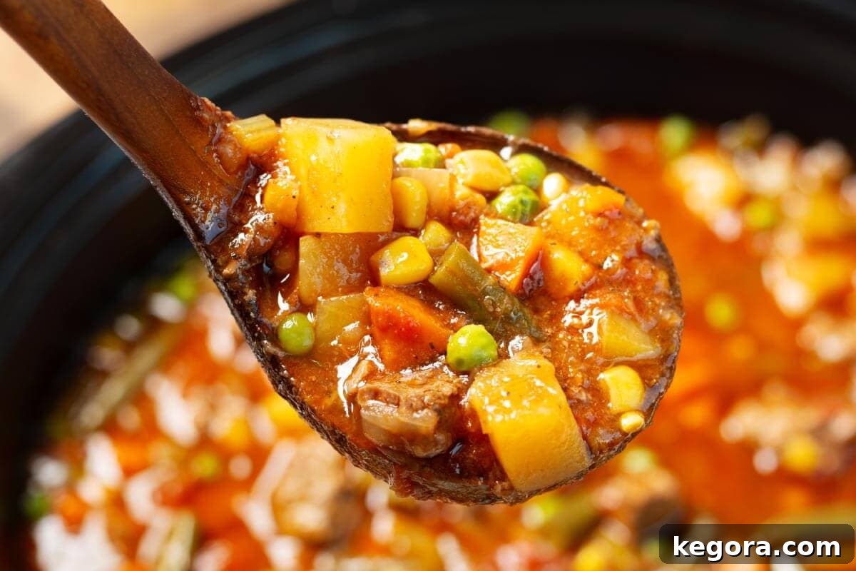 Wholesome Slow Cooker Beef and Garden Vegetable Soup 8 A large pot of Crockpot Vegetable Beef Soup ready to be served