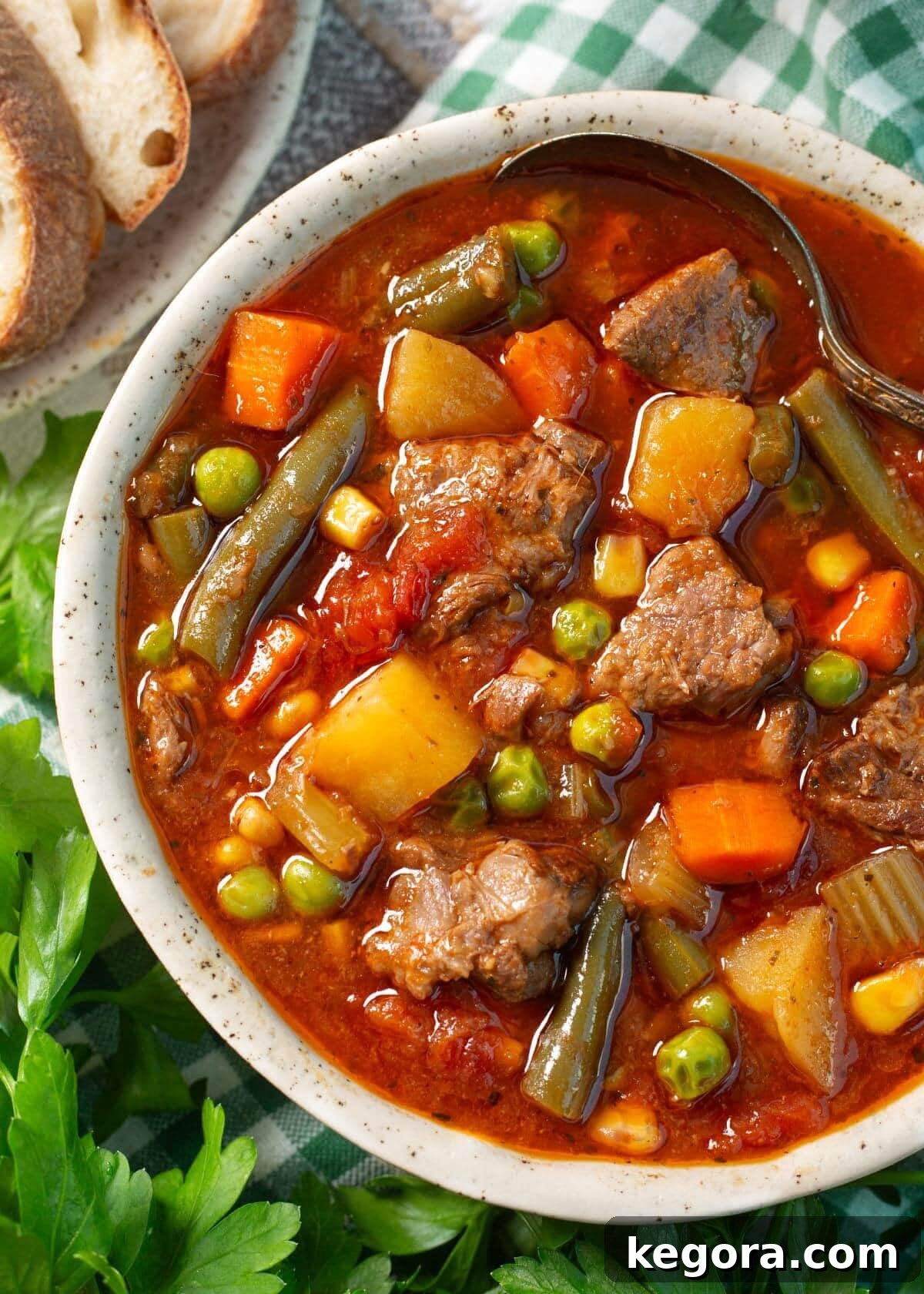 Wholesome Slow Cooker Beef and Garden Vegetable Soup 9 Another perspective of a bowl of Crockpot Vegetable Beef Soup
