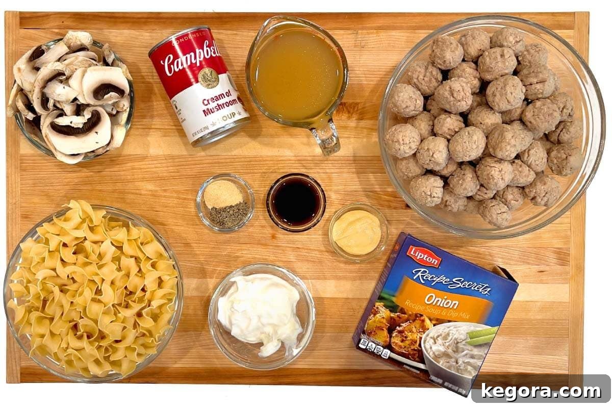 Creamy Crockpot Swedish Meatballs 4 Crockpot Swedish Meatballs ingredients shot on a board