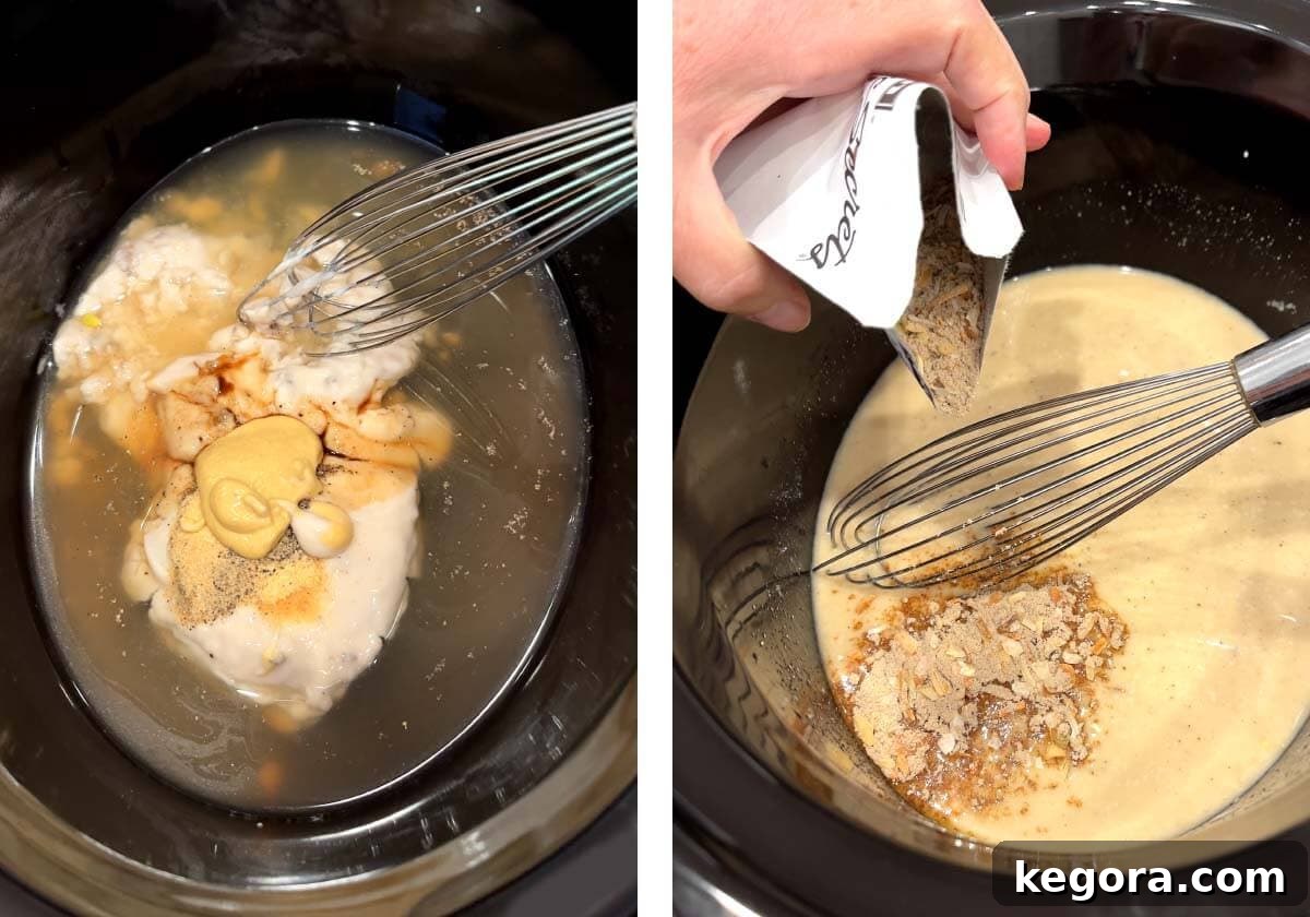 Creamy Crockpot Swedish Meatballs 5 whisking sauce ingredients in crock