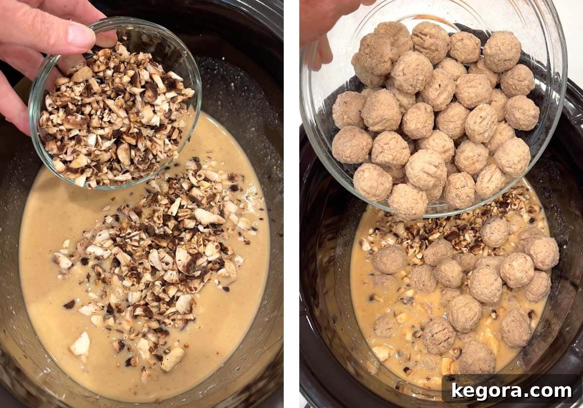 Creamy Crockpot Swedish Meatballs 6 adding chopped mushrooms to sauce, adding meatballs