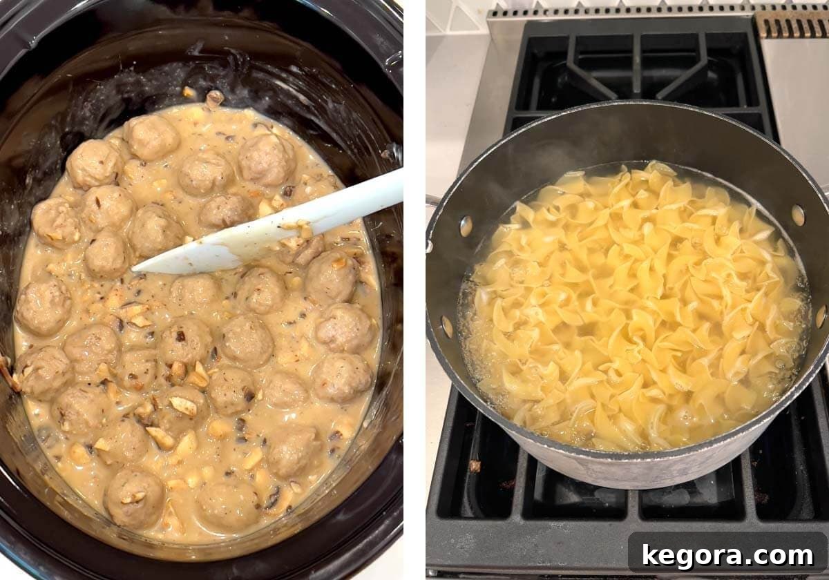 Creamy Crockpot Swedish Meatballs 7 swedish meatballs in sauce, noodles boiling in pot