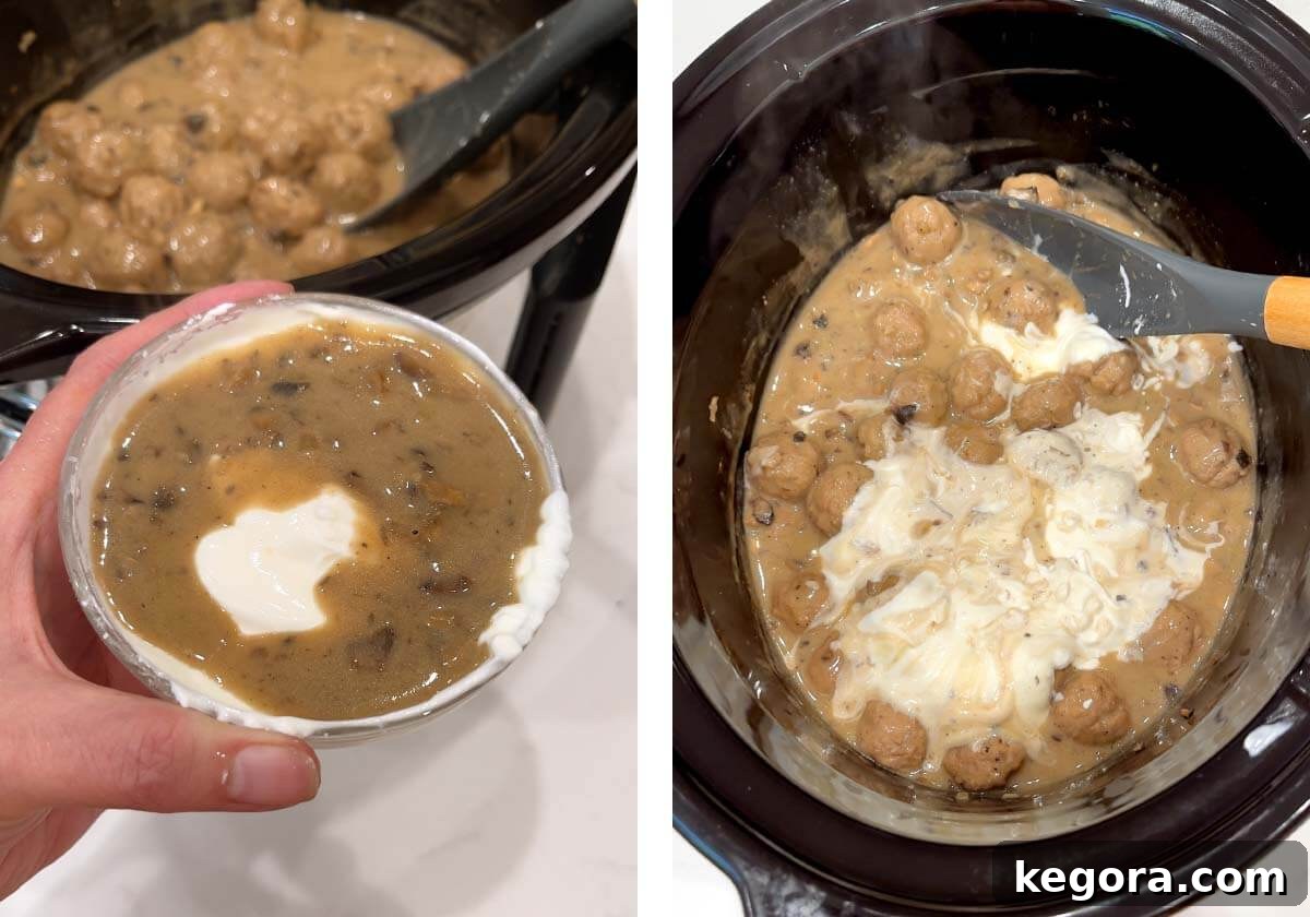 Creamy Crockpot Swedish Meatballs 8 tempering sour cream with sauce, mixing sour cream into sauce