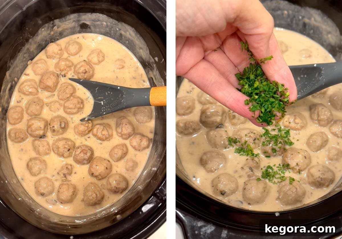 Creamy Crockpot Swedish Meatballs 9 stirring swedish meatballs sauce, adding parsley to meatballs