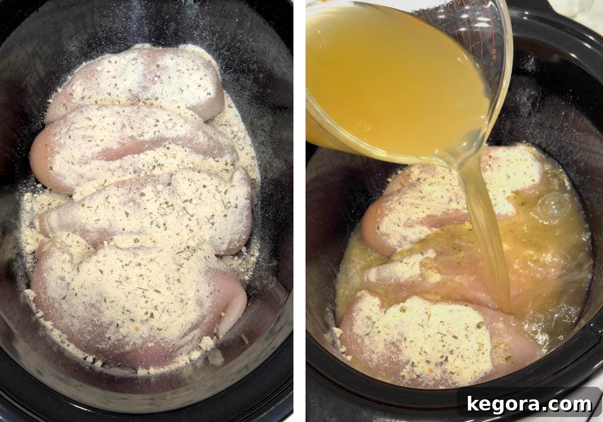 Raw chicken breasts, ranch dressing mix, and chicken broth being added to a slow cooker