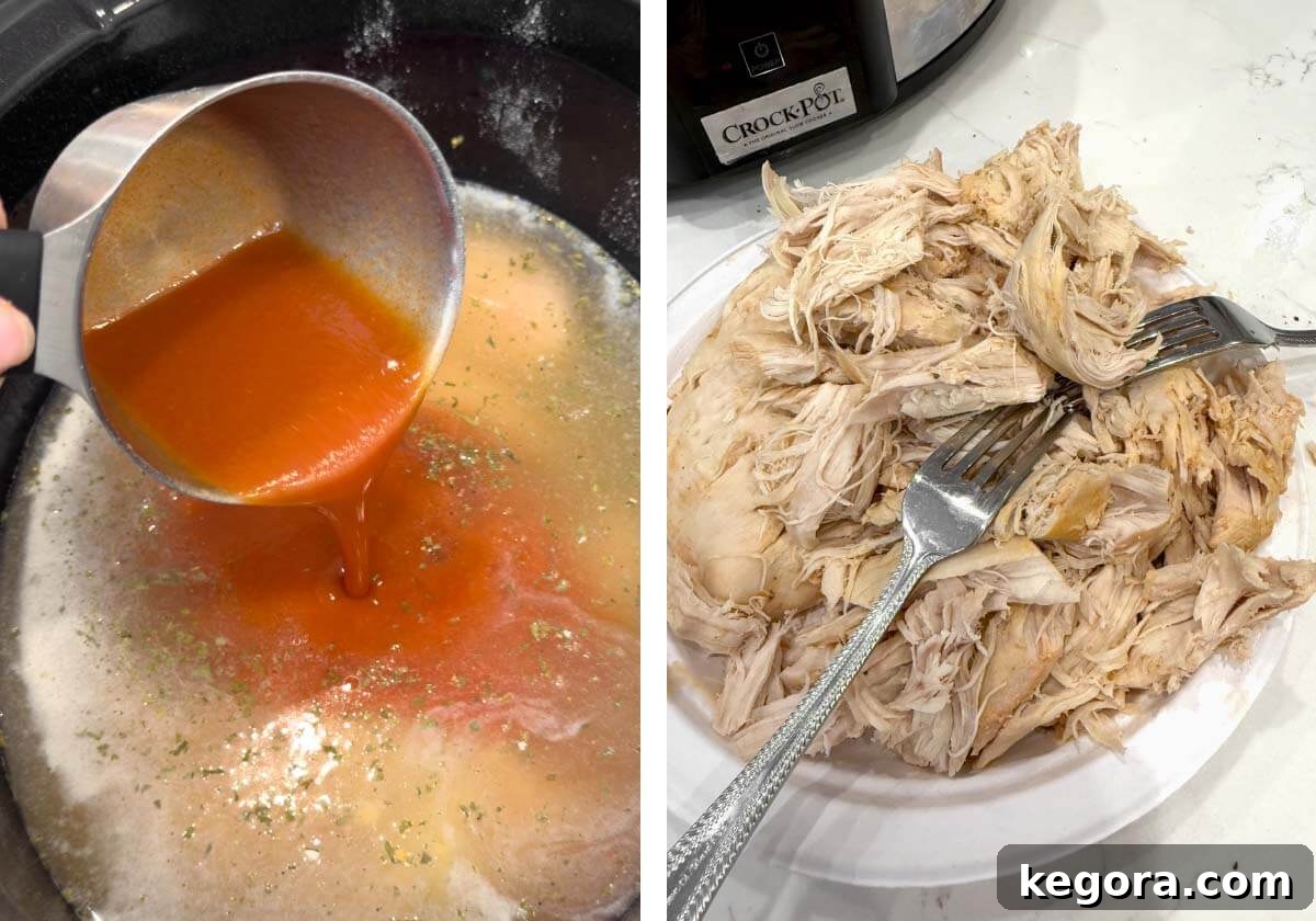 Buffalo wing sauce being poured into the crockpot with chicken, and cooked chicken being shredded