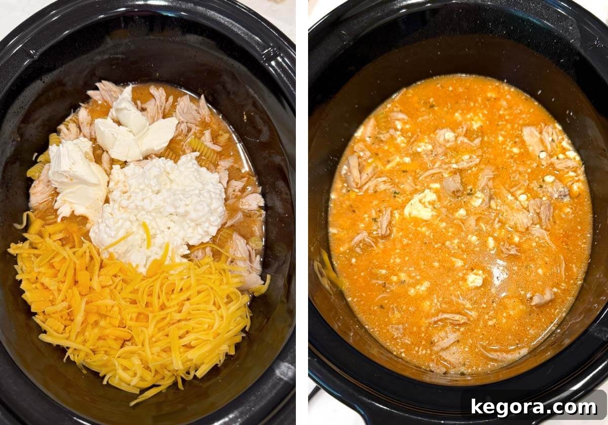 Half of the shredded cheddar cheese, cream cheese, and cottage cheese added to the chicken and pasta mixture in the crockpot, being stirred