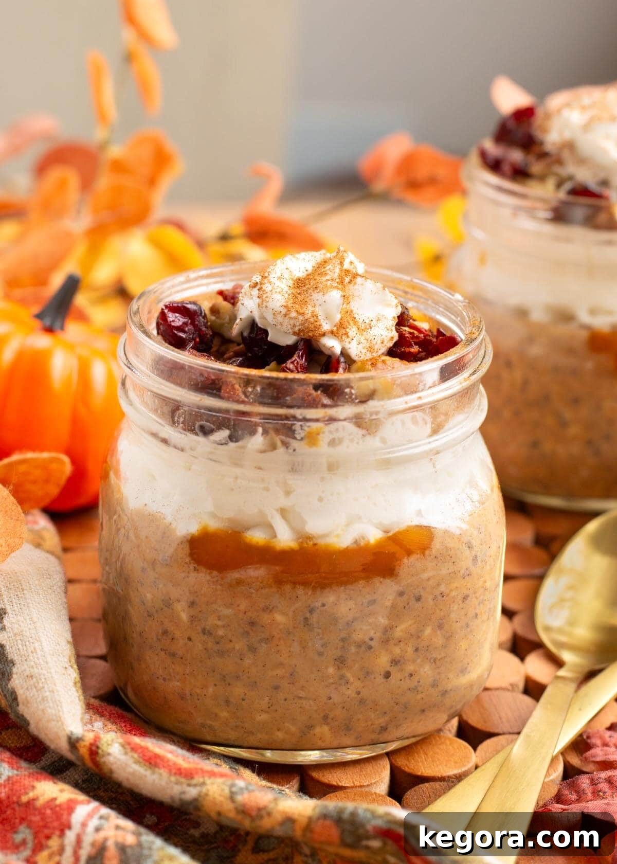 Pumpkin Spice Overnight Delight 2 Pumpkin Overnight Oats in a jar with fall decorations