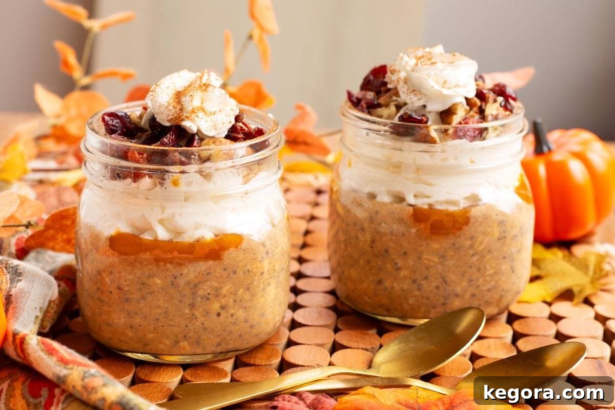 Pumpkin Spice Overnight Delight 3 Two jars of Pumpkin Overnight Oats with spoons, ready to eat
