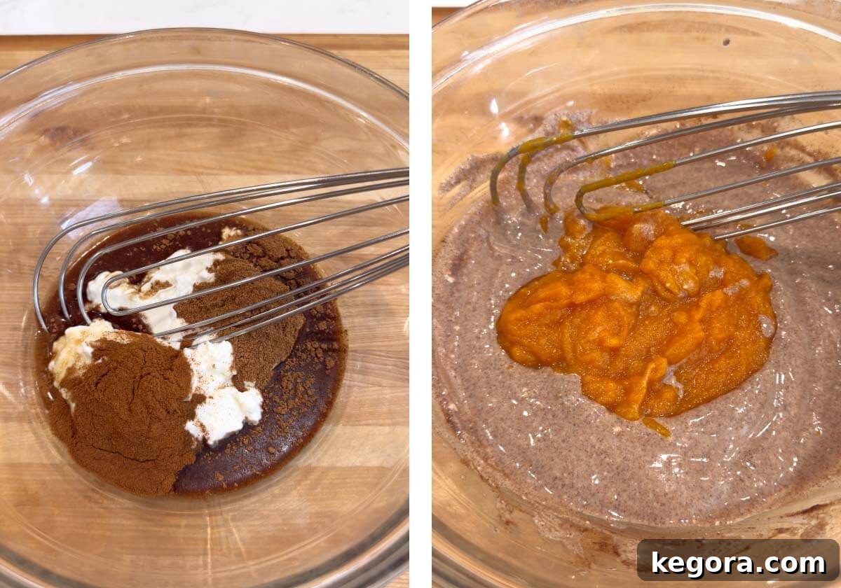 Pumpkin Spice Overnight Delight 6 Step-by-step image of whisking ingredients and adding pumpkin puree for overnight oats