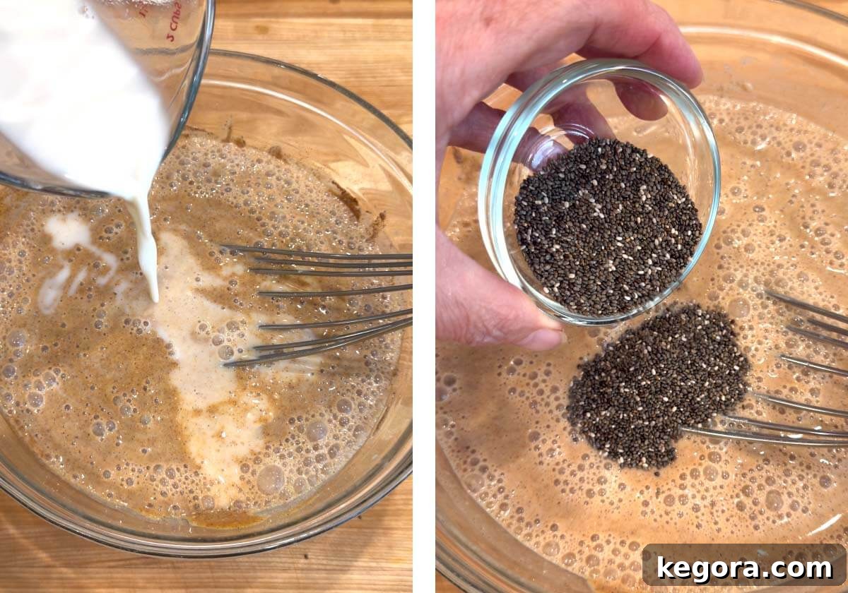 Pumpkin Spice Overnight Delight 7 Step-by-step image of whisking in almond milk and adding chia seeds to the mixture