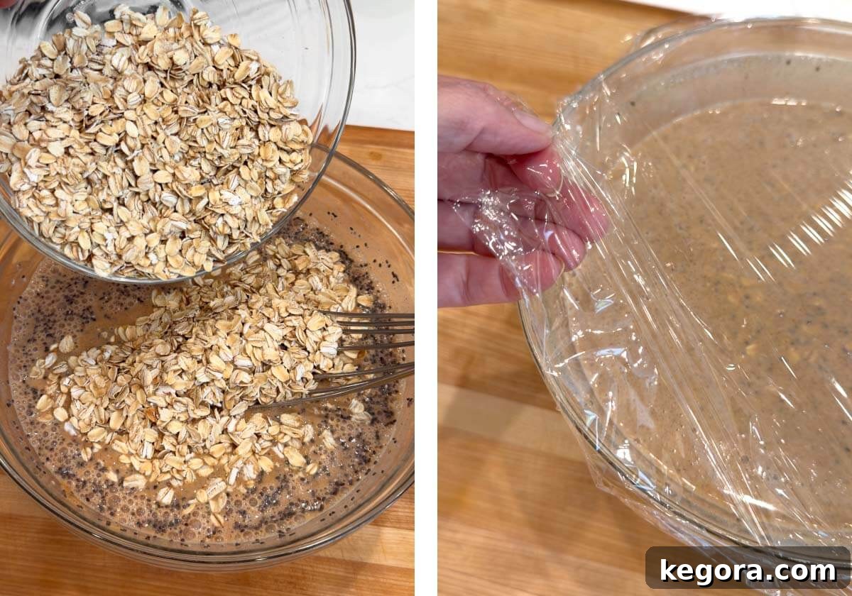 Pumpkin Spice Overnight Delight 8 Step-by-step image of stirring in oats and covering the bowl with plastic wrap