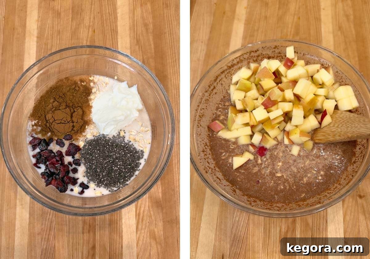 Spiced Apple Overnight Oats 5 ingredients added to a bowl, mixed ingredients with diced apples on top