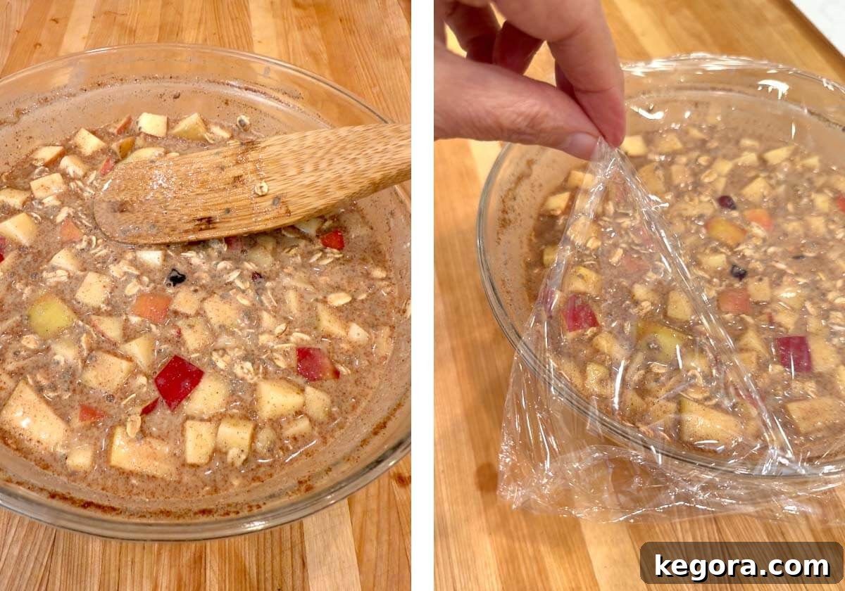 Spiced Apple Overnight Oats 6 pressing ingredients into the liquid, covering bowl with plastic wrap