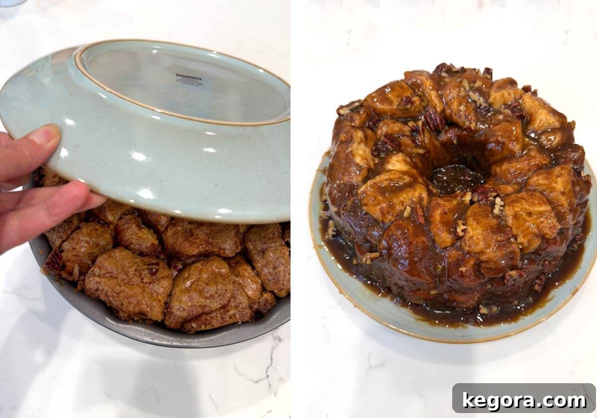 Gooey Cinnamon Monkey Bread Magic 11 putting plate on pan to invert, bread after inverting on a plate