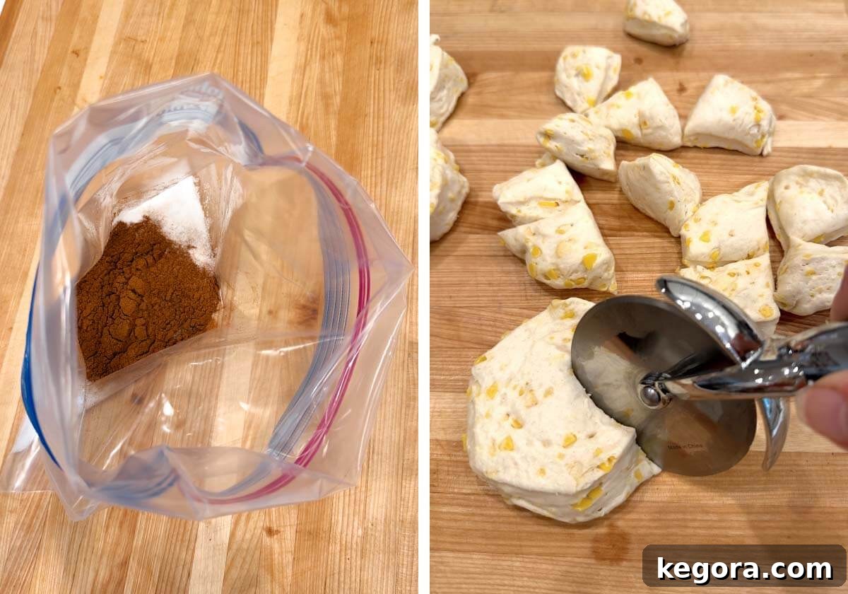 Gooey Cinnamon Monkey Bread Magic 5 sugar and cinnamon in baggie, biscuits being cut with pizza cutter