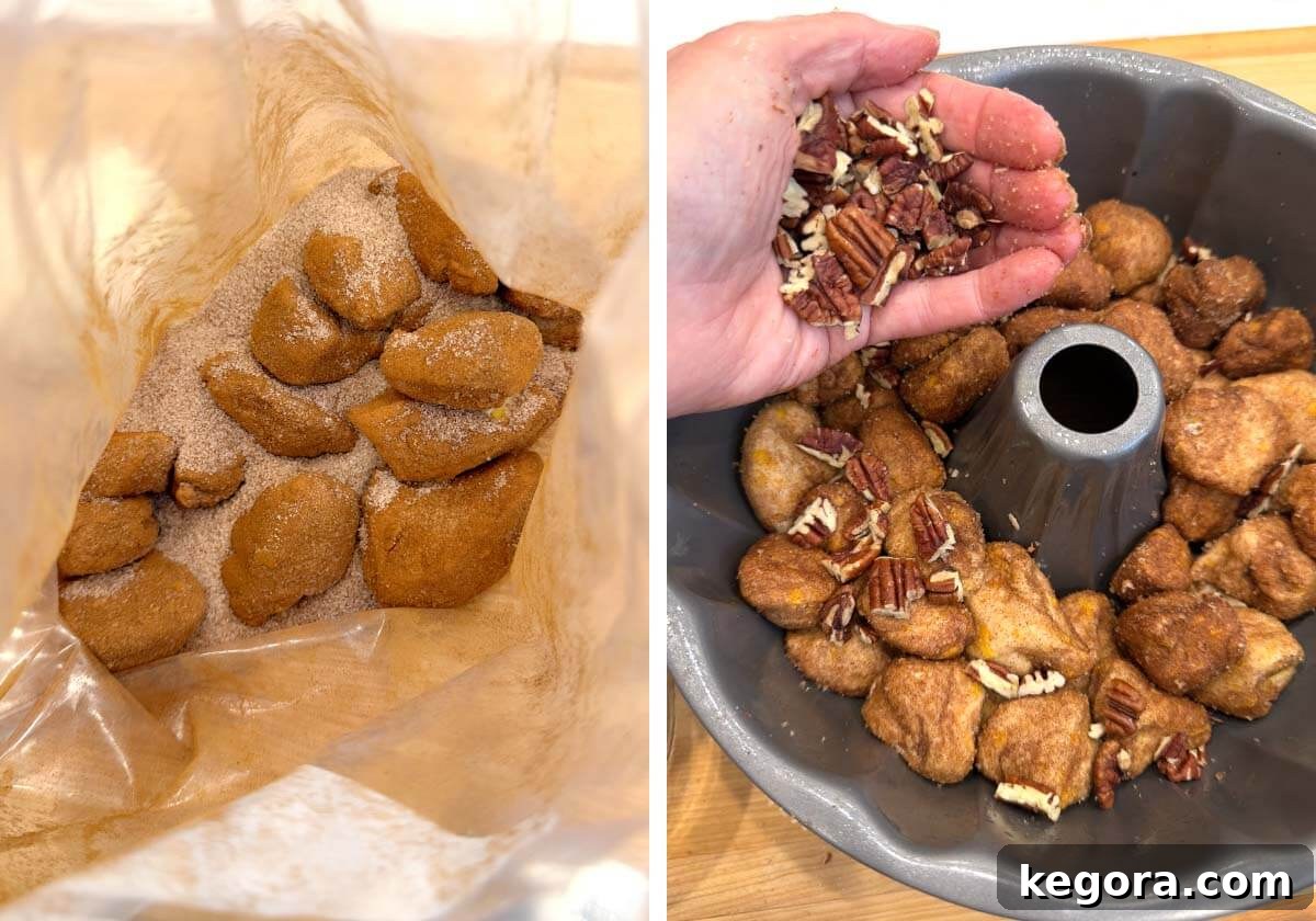 Gooey Cinnamon Monkey Bread Magic 6 sugar and cinnamon in baggie with biscuit dough pieces in mixture, adding handful of pecans to coated biscuits in pan
