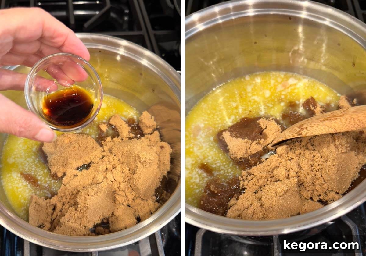 Gooey Cinnamon Monkey Bread Magic 7 adding vanilla to butter-brown sugar in pan, stirring sauce ingredients