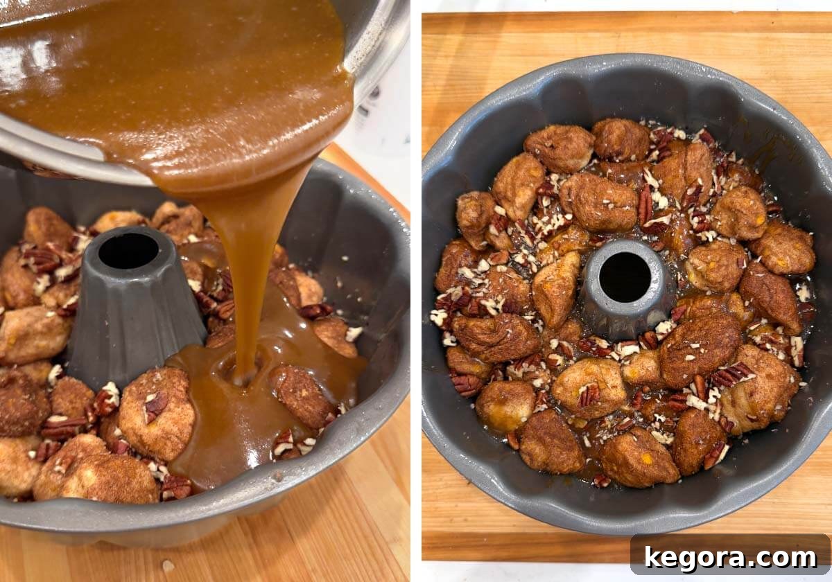 Gooey Cinnamon Monkey Bread Magic 9 pouring butter-sugar sauce over biscuits, adding remaining nuts